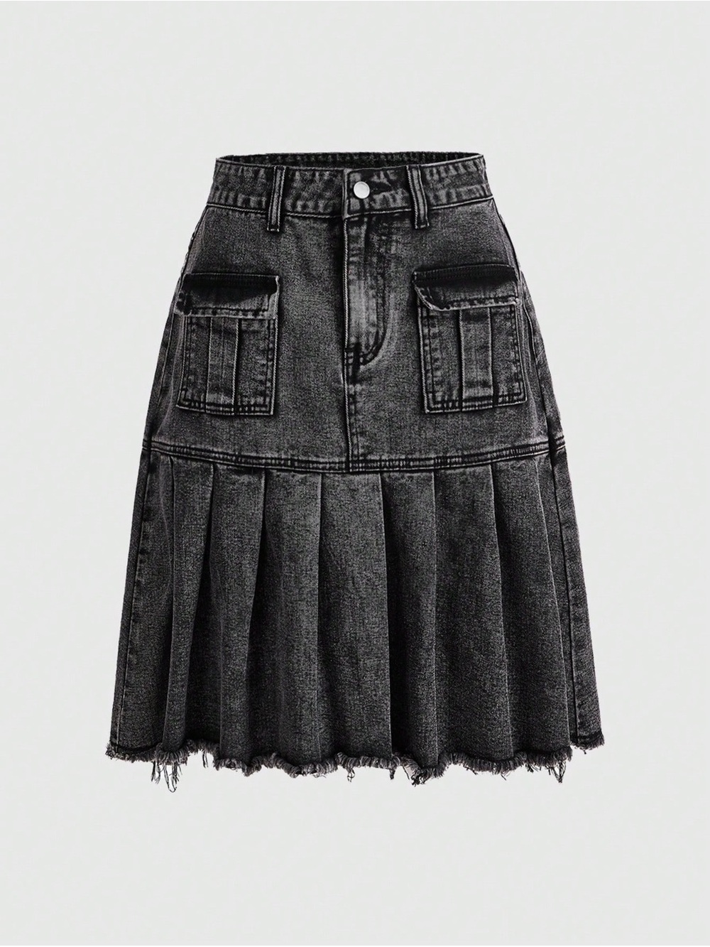 ROMWE Black High-Waist Pleated Denim Skirt with Cargo Pockets